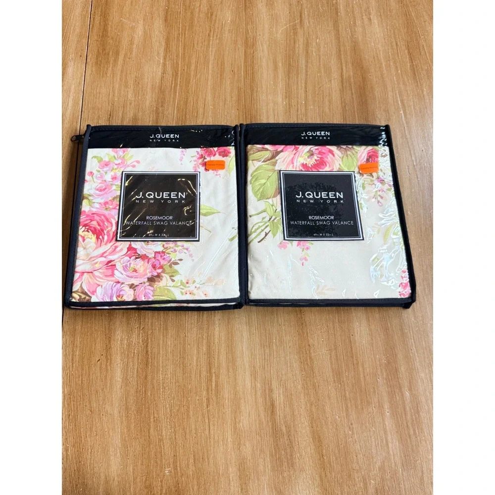 J. Queen New York Rosemoor Waterfall Swag Valance Set of 2 Floral Pink 49x33